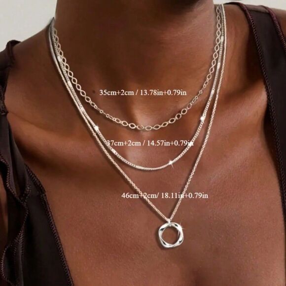 925 Sterling Silver Triple Layer Chain Pendant Necklace Set Classic Adjustable - Picture 4 of 5
